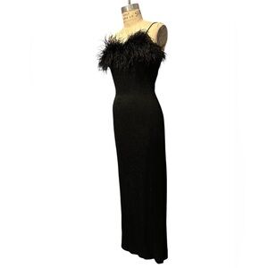 Vintage 90s Y2k Black Lurex Ostrich Feather-Trimmed Maxi Evening Dress 4/6